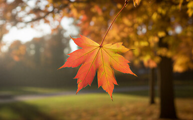 Stunning autumn maple leaf hanging serenely in a warm sunlit park landscape evokes peaceful seasonal transitions and vibrant nature beauty for fall designs
