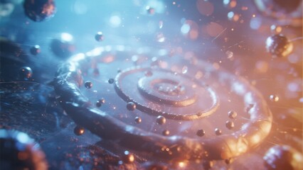 Abstract scientific visualization of molecular or cellular structures with swirling patterns and floating particles in a dynamic, illuminated environment.