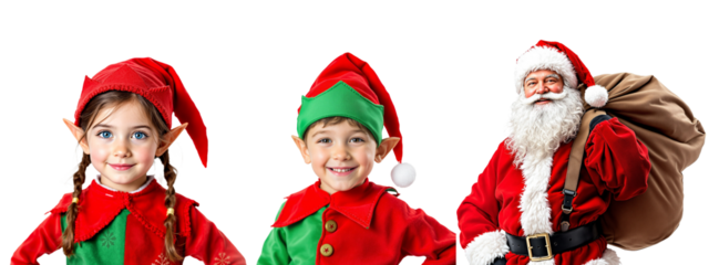 Papa Noel Santa Claus con infantes elfos sobre fondo transparente