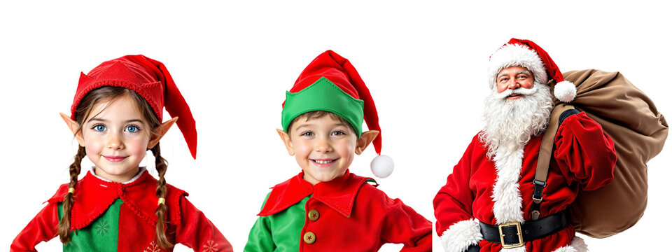 Papa Noel Santa Claus con infantes elfos sobre fondo transparente