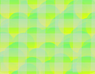 A bright, abstract background featuring a seamless pattern of overlapping translucent circles in various shades of lime green, neon green, and yellow, overlaid with a plaid or grid pattern. 