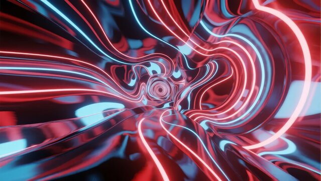 Abstract neon tunnel with swirling red and blue light patterns creating a futuristic, fluid motion effect