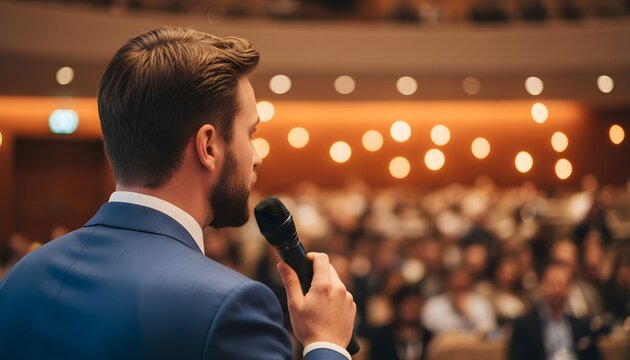 Confident male speaker addressing a large and attentive audience at a professional business conference, delivering an engaging presentation