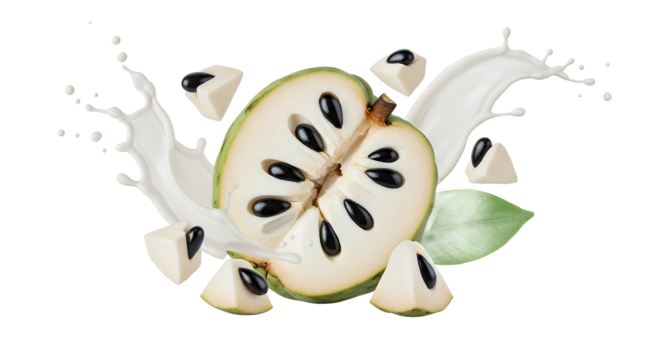 Exotic cherimoya fruit with splashes of milk and juicy fruit wedges