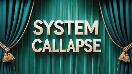 Dramatic stage curtains of deep teal color revealing the phrase 'System Collapse' in bold tan letters