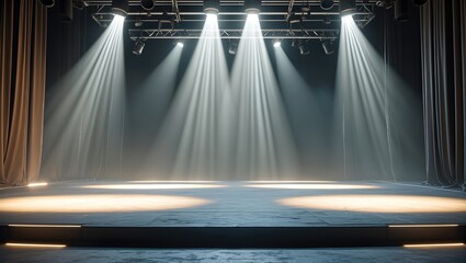 Empty stage with bright lights and a dark background, creating a dramatic atmosphere for performances