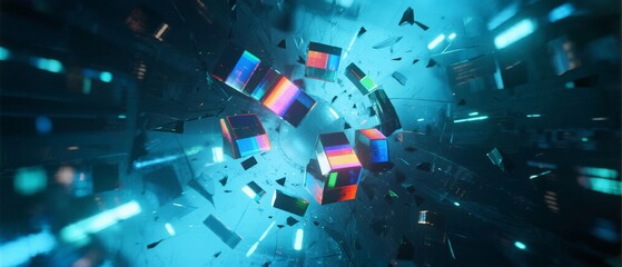 Abstract digital cubes floating in a futuristic cyber space with glowing blue light effects