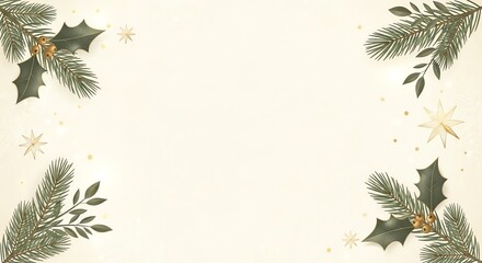 Elegant Christmas winter background with pine branches and holly leaves frame.