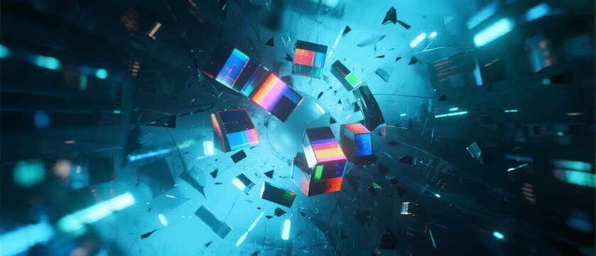 Abstract digital cubes floating in a futuristic cyber space with glowing blue light effects