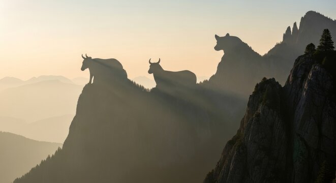 “Sunlit mountain cliffs forming animal-shaped silhouettes in soft golden haze — dreamy, surreal landscape.”
