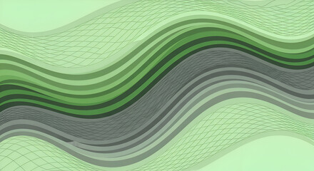 Smooth green and grey waves dynamically flowing across an abstract background with an intricate mesh overlay