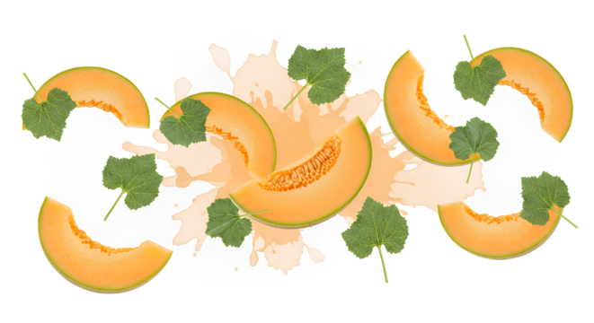 Fresh Sliced Cantaloupe Fruit with Green Leaves and Water Splashes
