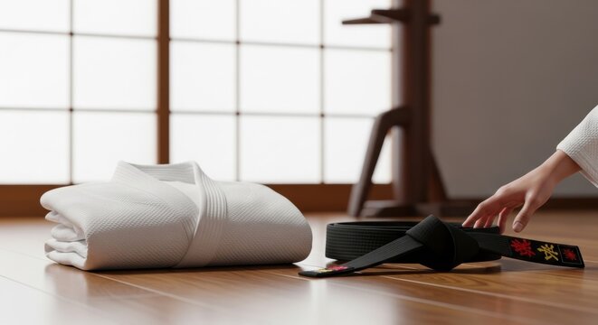 Martial Arts Training Gear: White Gi and Black Belt on Wooden Floor. - Powered by Adobe