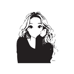 Beautiful Kawaii Girl Black and White Vector Illustration in Cute Simple Line Art Style