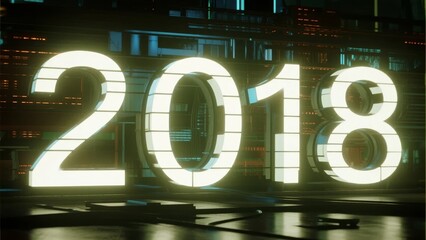 Illuminated 2018 numerals in a futuristic digital environment with glowing lights and circuit-like background.