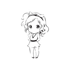 Beautiful Kawaii Girl Black and White Vector Illustration in Cute Simple Line Art Style