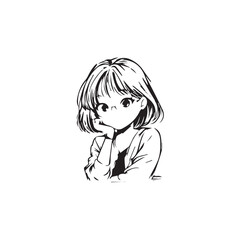 Beautiful Kawaii Girl Black and White Vector Illustration in Cute Simple Line Art Style