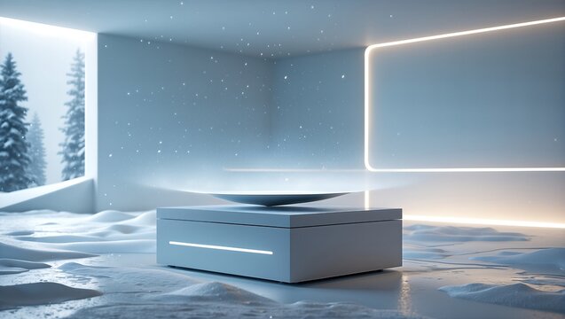 Futuristic white interior design with floating table and snow, illuminated by ambient light