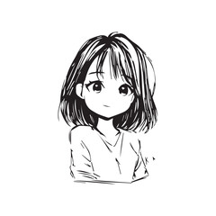 Beautiful Kawaii Girl Black and White Vector Illustration in Cute Simple Line Art Style