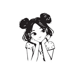 Beautiful Kawaii Girl Black and White Vector Illustration in Cute Simple Line Art Style