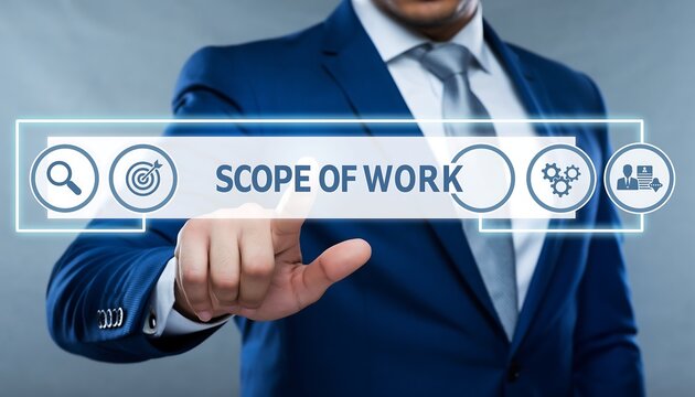 Business man working on virtual touch screen presses inscription: SCOPE OF WORK. Scope of Work Business Finance Internet Technology concept