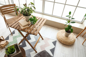 Interior of light room with wooden chair, tables and green plants