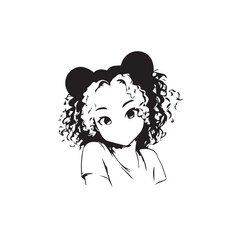 Beautiful Kawaii Girl Black and White Vector Illustration in Cute Simple Line Art Style