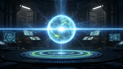 Futuristic science laboratory featuring a powerful energy sphere in a technological setting - Powered by Adobe
