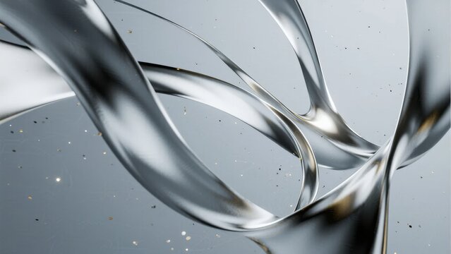 Abstract metallic ribbons with reflective surfaces and flowing curves