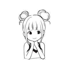 Beautiful Kawaii Girl Black and White Vector Illustration in Cute Simple Line Art Style