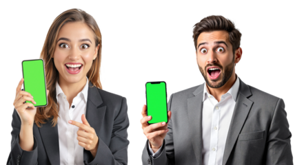 Mockup de hombre y mujer mostrando con asombro un teléfono móvil con la pantalla vacía