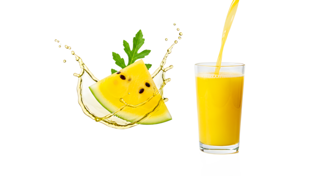 Refreshing yellow watermelon slice with a smiley face and vibrant splash, next to golden fruit juice being poured into a glass, perfect for summer hydration