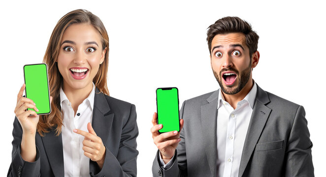Mockup de hombre y mujer mostrando con asombro un teléfono móvil con la pantalla vacía - Powered by Adobe
