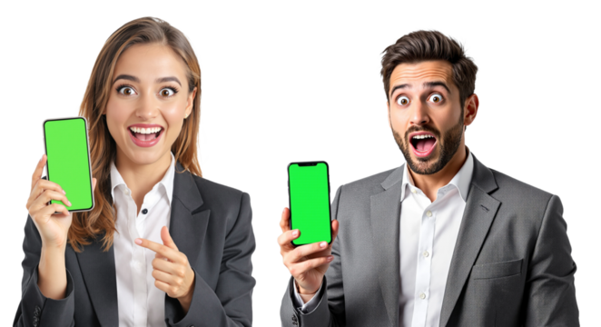Mockup de hombre y mujer mostrando con asombro un teléfono móvil con la pantalla vacía