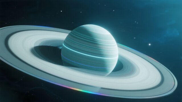 Saturn with its prominent ring system illuminated against a starry space background