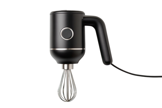 Dark mixer with wire whisk attachment on a black background