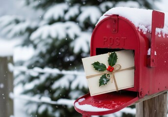 Red Mailbox With Holiday Gift Card Spilling From Slot In Snowy Winter Scene

