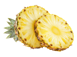 Two halves of a pineapple, sliced, showing the bright yellow flesh and intricate patterns of the fruit, with green leaves