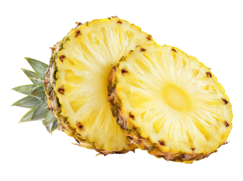 Two halves of a pineapple, sliced, showing the bright yellow flesh and intricate patterns of the fruit, with green leaves