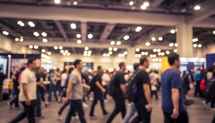Blurred background of a busy convention center with a crowd of people walking through an exhibition hall during a business event