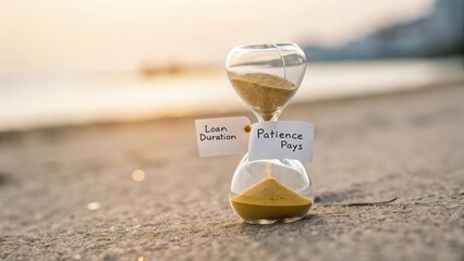 Hourglass on Beach Symbolizing Loan Duration and Patience Pays in Financial Journey Amidst Serene Sunset Background