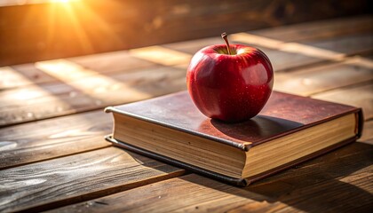 Red apple on weathered book on wooden surface with sunlight.