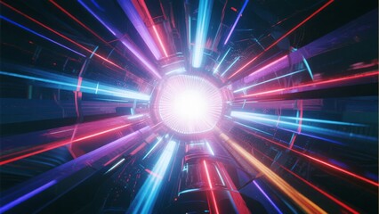 Futuristic tunnel with glowing neon lights and a bright central light source