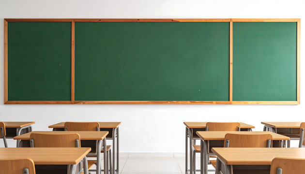 Classroom Scene: Desks and Blank Blackboard
