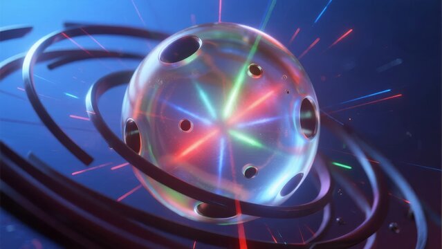 A glowing spherical object with holes and colorful light beams, surrounded by rings against a dark blue background.