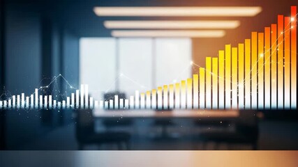 Growing financial chart overlayed on blurred office with business data visualisation - Powered by Adobe