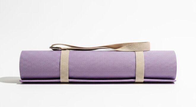 Rolled purple yoga mat with carrying strap on a white background.