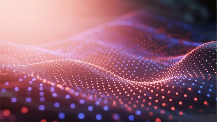 Abstract digital wave pattern composed of glowing dots in vibrant pink and blue hues