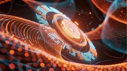 Abstract digital wave patterns with glowing particles and circular structures in a futuristic space environment