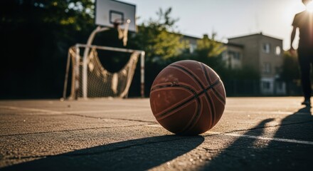 Basketball on an outdoor court at sunset with a player in the background.
